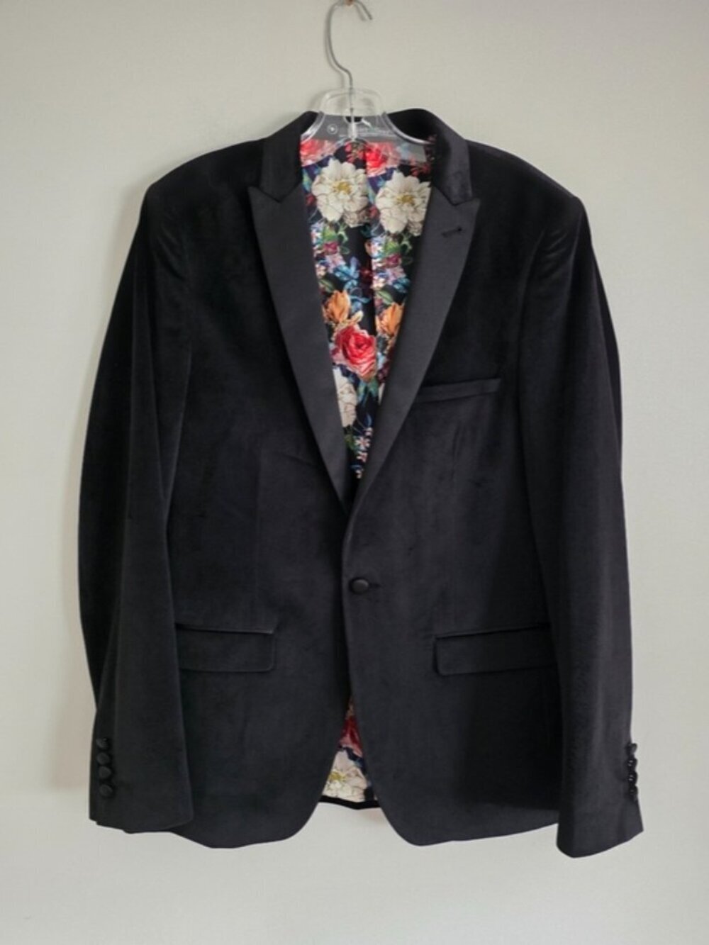 PAISLEY & GRAY | Men Black Velvet Floral Lining Slim Fit Blazer Jacket 40R
